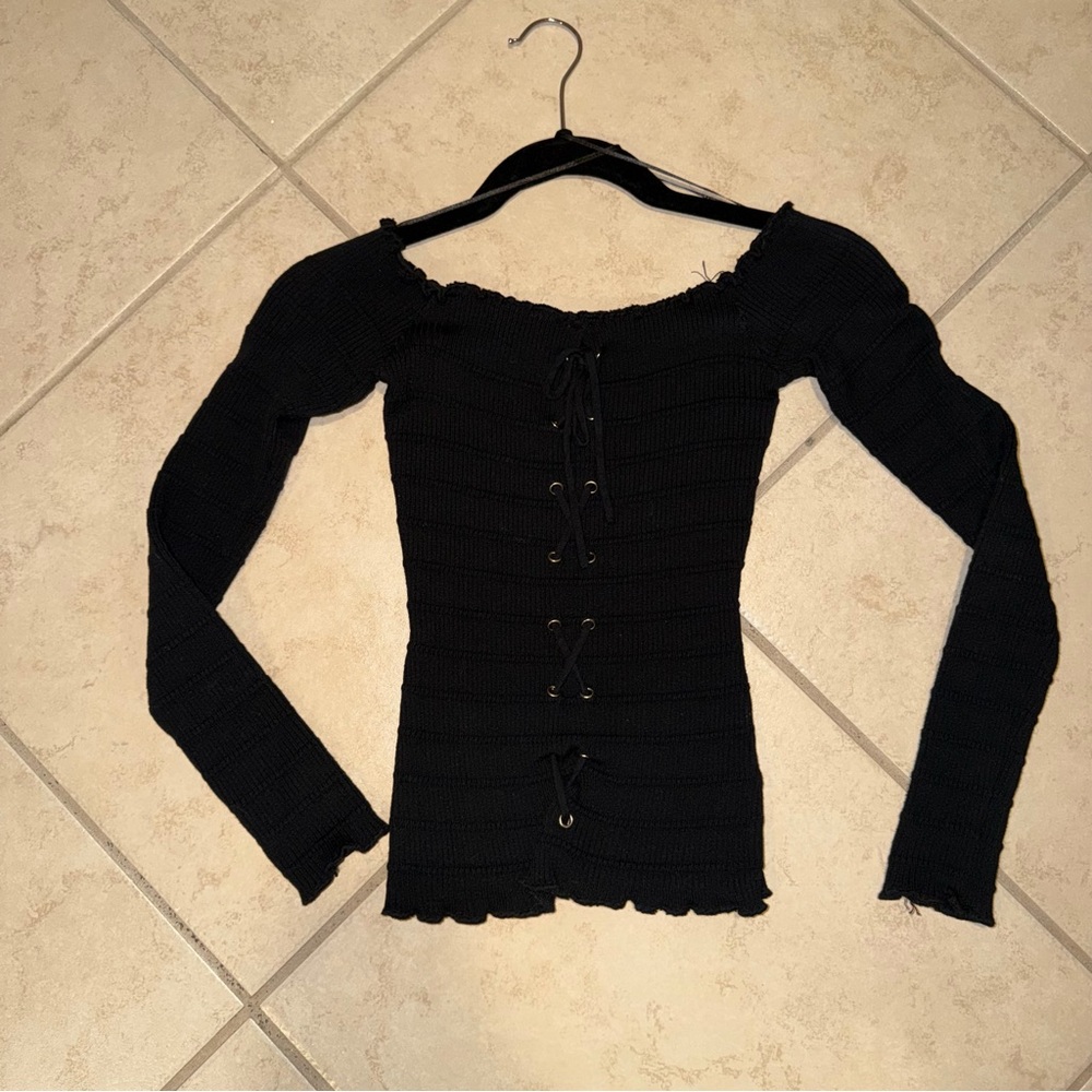 Black Off-Shoulder Lace-Up Sweater